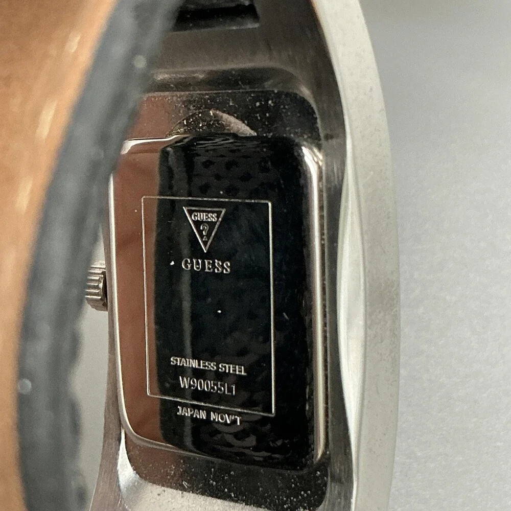 Guess Womens Watch 20mm Silver Tone Black Leather Gem Logo Cuff New Battery